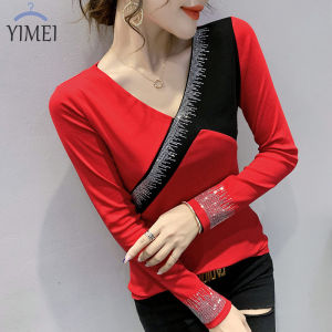 YIMEI Áo Thun Ôm Sát Thời Trang Cổ Chữ V Gợi Cảm Áo Ôm Sát Cotton Mới Đầu Thu 2022 Cho Nữ Áo Dài Tay