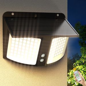 intelamp Outdoor Solar Light Security Flood Light Two Motion Sensors 3 Color Modes Wall Light for Porch Garden Yard Garage Fence