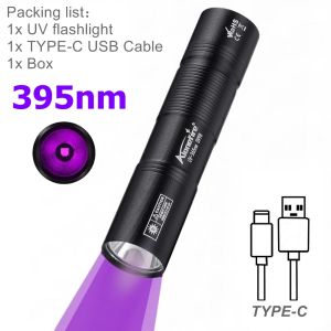 Alonefire | 365nm/395nm UV Flashlight USB Rechargeable Mini Ultraviolet Nail Lamp Torch Pet Urine Cat Tinea Money Ore Marker Detection Light