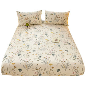 Cotton Fitted Bed Sheet Set Super Single Spring Floral Plant Bedsheet Beige Green Queen King Size