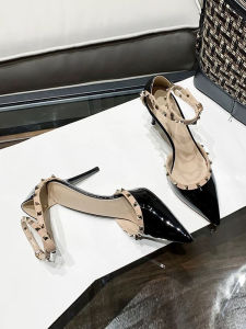 รองเท้าส้นสูงแบบหัวแหลมสไตล์ฝรั่งเศส รองเท้าแตะ PU สำหรับผู้หญิง รองเท้าแตะแบบหัวแหลม รองเท้าแตะสีเปลือก รองเท้าแตะส้นสูงแบบหัวแหลม