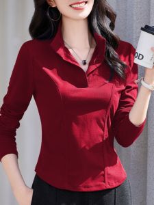 Slimming Long Sleeve Polo Collar T-Shirt Womens Fashion Spring Commute Style Splice Design Cotton Blend Comfortable Base Top