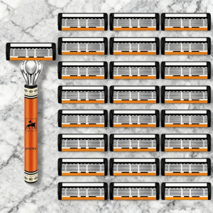 มีดโกนแบบแมนนวล 6 ใบมีดสำหรับผู้ชาย ด้ามจับกันลื่นสีส้ม ใบมีดสำรองหลายใบ - เหมาะสำหรับการตัดแต่งหนวดเคราและหนวด