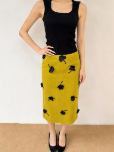 MANMI | Yellow 3D Flower Half Skirt Slimming High Waist Middle Length