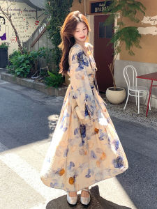 French Vintage V-neck Print Dress Elegant Sweet Tea Break Skirt High Waist A-line Midi Dress Commute Korean Style Long Sleeve