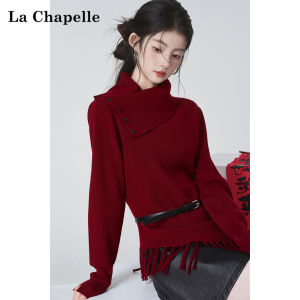 La Chapelle | Festive Red Fringe Design Collar Knit Top