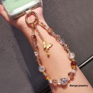 Fashionable Short Crystal Bracelet Handheld Mobile Phone Strap Butterfly Pendant Keychain Handmade Beading Phone Case Accessory