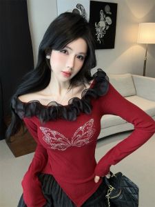 GUZILIAN | Bộ Đầm Lót Cổ Điển Giáng Sinh Pháp Có Hạt Rhinestone Hình Bướm Đỏ và Nơ Gỗ Sau Lưng