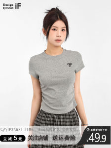 Gray Butterfly Knot Embroidered Short Sleeve T-Shirt Womens Summer Design Sense Pleated Slim Waist Short Style Small Top