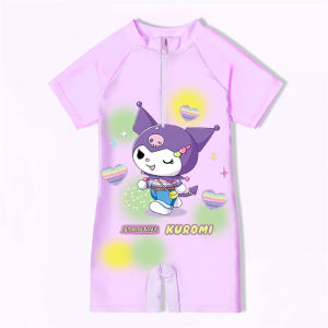 Kids One Piece Swimsuit Kuromi Cartoon Short Sleeve Zipper Rash Guard UPF50+ Quick Dry Swimwear for Toddler Girls Boys Summer Beach Pool Bathing Suit