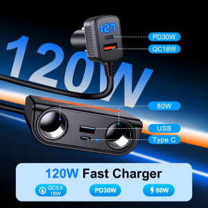 HLINKEY 120W 3 in 1 Car Charger Dual USB PD Socket Fast Charging 12V 24V Vehicle Power Splitter Power Adapter for Phone Tablet