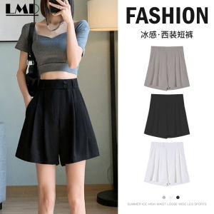 AMMIN 2023 summer new ice silk draping suit loose mid-length pants Womens Korean style high-waisted pleated button design wide leg commuter solid color elegant chiffon five quarter pants