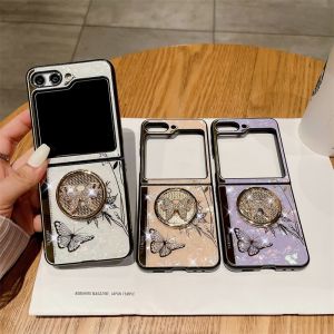 Case for Samsung Galaxy Z Flip6 Z Flip5 Z Flip4 Z Flip 6 Z Flip 5 Beautiful Rhinestone Folding Screen Phone Back Cover with Gold-plated Butterfly Ring Metal Bracket Drop-proof Shockproof Protective Case