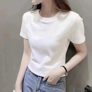 Summer Short Sleeve round Neck Cotton T-Shirt Womens Slim Fit Fashionable White Pure Cotton Top Korean Style Commute Wind