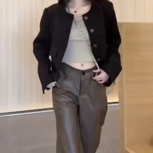 Coklat Kopi Bloom R pu Seluar Kulit Wanita Musim Luruh dan Musim Sejuk Pinggang Tinggi Seluar Kaki Lebar Lapang Mop Lantai Seluar Kaki Lurus