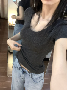 Korean Style Pure Color Short Sleeve T-Shirt Women Summer Sweet And Spicy Low Neck Slimming Versatile Top Shoulder Width Regular Length