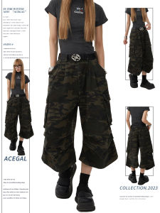 Remedie Chinese Fad American Retro Camouflage Cropped Pants Straight-Leg Wide-Leg Pants Denim Cargo Pants Casual Shorts