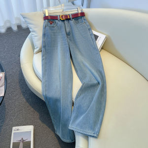 Light Wash Fleece Lined Straight Leg Jeans Womens Autumn Winter New Style High Waist Wide Leg Pants Trendy European Goods