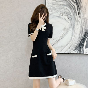 New 2025 Elegant Pear Shape Dress Summer Slimming Ice Silk Knitted Butterfly Knot Color Block A-Line Skirt Womens Fashion Dress