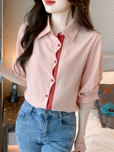 Summer 2024 New Hong Kong Style Womens Shirt Color Matching Shirt Womens Half Sleeves Loose Tops Western Style Minority Fashion