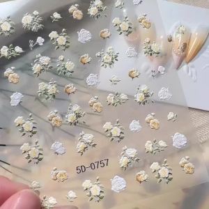 1Pcs 5D Embossed White Yellow Rose Nail Stickers Elegant Camellia Self-adhesive Nails Decals for Women Romantic Manicure Sliders