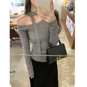 เสื้อสเวตเตอร์เปิดไหล่ถักแบบสวมหัวสำหรับผู้หญิง ทรงสลิมฟิต ปกติ แขนยาว ผ้าฝ้ายผสมคอวี สีพื้น ระบายอากาศได้ดี