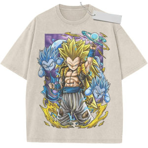 Bandai | Vintage Washed Black T-Shirt Dragon Ball Anime Goku Ultra Instinct Omen Silver Hair Print Oversized Streetwear for Daily Campus