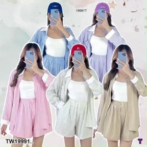TW19991 Set 3 ชิ้น เสื้อเชิ้ต + สายเดี่ยว + กางเกงขาสั้น ..