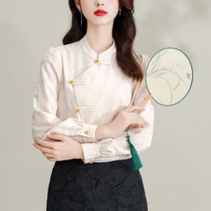 Ole Discount Store Big Sale Fresh Wind Bamboo Shadow Stand-up Collar Slanting Jin Chinese Shirt Zen Artistic Stylish Temperament Shirt