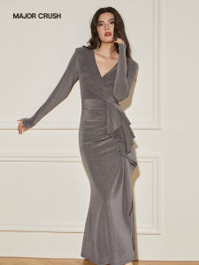 Elegant V-neck Slimming Waist Fitted Silver Fox Dress