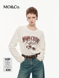 MO&Co. | Spring Autumn Cotton T-Shirt Rose Print with Rhinestones