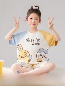 MiiOW | ชุดนอนเด็กผู้หญิง ผ้าฝ้ายแท้แขนสั้นลายการ์ตูนฤดูร้อนใหม่ ชุดอยู่บ้านสำหรับเด็กผู้หญิง เสื้อผ้าเด็กที่สวมใส่สบาย