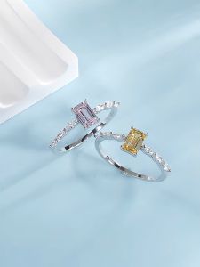 Sylarose Real 925 Sterling Silver Exquisite Sparkling Emerald Cut Pink Yellow Zirconia Ring For Women Wedding Luxury Party Fine Fashion Jewelry