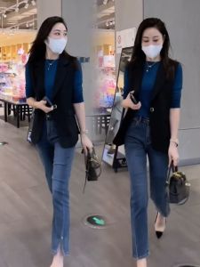 Trendy Loose Womens Blazer Vest Spring Autumn Korean Style Outerwear Fashionable Pocket Button Pure Color Commute Polyester Fiber