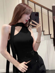GUZILIAN | American Style Short Crop Top Strap Design Sensual Slimming Summer Vest Casual Fashion Neck Hanging Diagonal Collar Womens Top