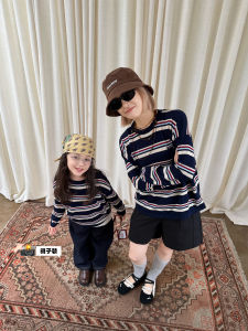 Korean Style round Neck Knitwear Casual Striped Childrens Sweater for Girls Autumn Winter Parent-Child Matching Clothes