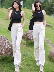 กางเกงทำงานผู้หญิงเอวสูงทรงตรงบางๆ แห้งเร็ว ผ้าไหมน้ำแข็ง กางเกงขายาวทรงหลวมสบาย ๆ สำหรับฤดูร้อนปี 2025