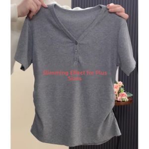 WANGGONGZHU | Princess Style Korean Straight Cut Short Sleeve T-Shirt Womens Summer Slim Fit V-Neck Top Fashionable Plus Size Cover Belly