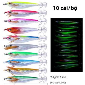 Bộ Mồi Câu Mực Phát Sáng Ngang 10 Chiếc Ackibbik Mồi Câu Phát Sáng Nước Mặn Với Mồi Tôm Biển Kèm Móc Câu Câu Đêm