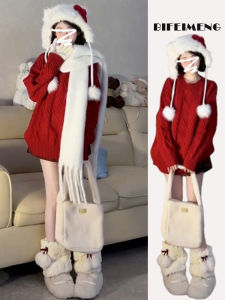 เสื้อสเวตเตอร์คอวีสีแดงสไตล์ย้อนยุคสำหรับผู้หญิงในฤดูหนาว เสื้อคลุมกันหนาวแบบลำลองสำหรับผู้หญิงวัย 18-24 ปี