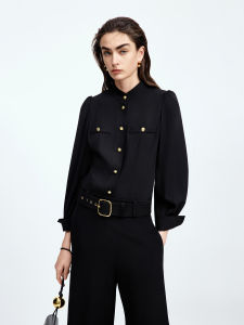 Elegant Black Shirt Stand Collar Chinese Style New Retro Court Atmosphere High End Feeling Womens Business Casual Shirt