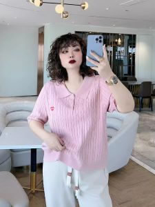 Summer 2025 plus Size Womens Short Sleeve T-Shirt Embroidered Loose Slimming Polo Neck Knitwear Large Size Female Top