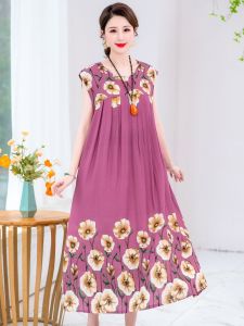 Váy Mùa Hè Bằng Lụa Cotton Nguyên Chất Cỡ Lớn Không Tay Cho Phụ Nữ Trung Niên Váy Ngủ Thoải Mái Giản Dị Váy Chữ a Dài Vừa Phải
