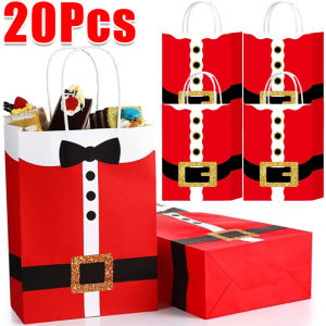 20pcs Christmas Kraft Paper Gift Bags with Handles / Santa Suit Print Gift Wrapping Bags / Xmas New Year Party Snack Candy Tote Bag