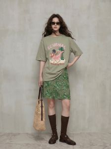 GULILI | Resort Style Green Print Short Sleeve T-Shirt Sequin Skirt Set