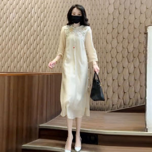 ชุดเดรสไหมหอมคลื่นฤดูร้อนสำหรับผู้หญิง ฤดูใบไม้ผลิและฤดูใบไม้ร่วง ชุดเดรสไหมหอมคลื่นสไตล์จีน กระโปรงทรงเอ เดรสยาวปานกลาง