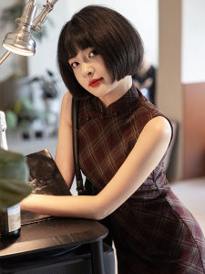 Young Womens New Chinese Style Gingham Retro Republic of China Daily Artistic Long Cheongsam Traditional Method Early Autumn