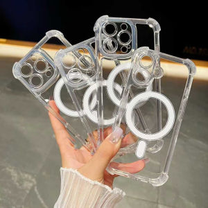 Quadrangle Anti Fall Transparent Magsafe Magnetic Phone Case For iPhone 16 Pro Max 15 14 Plus 13 12 11 Pro Shockproof Back Cover