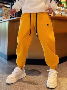 Fashionable Thickened Fleece Mens Casual Pants Zipper Decorated Loose Fit Sweatpants Youthful Style Winter Wear Black Solid