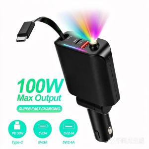 kebidumei | Bộ Sạc Xe Hơi Với Cáp USB Type C Có Thể Thu Vào Đèn Chiếu Sáng Hình Bầu Trời Sao Bộ Chuyển Đổi Tẩu Thuốc Phụ Kiện Sạc Điện Thoại